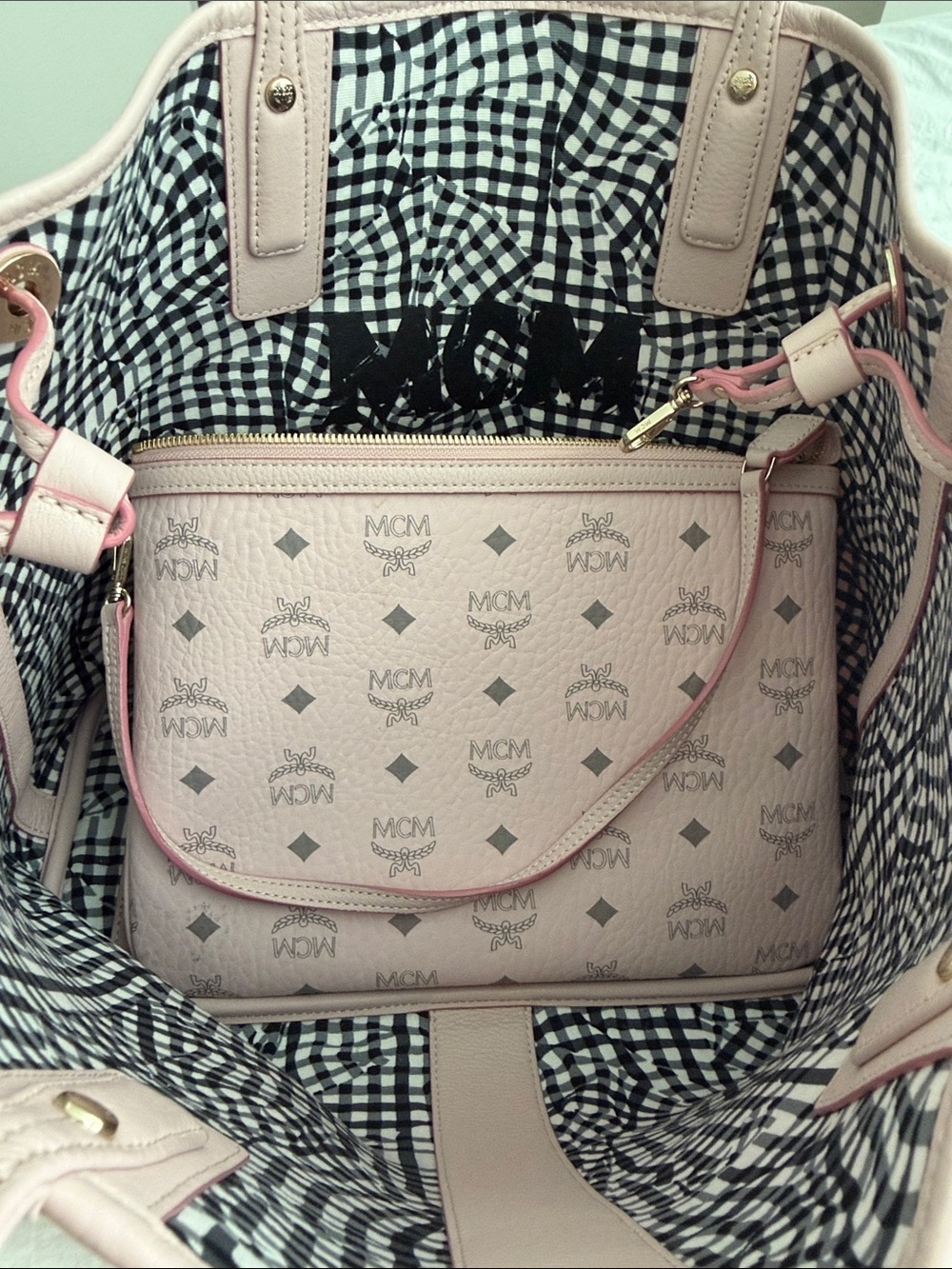 MCM Pink Visetos Tote with Gingham Lining - Picture 2 of 5